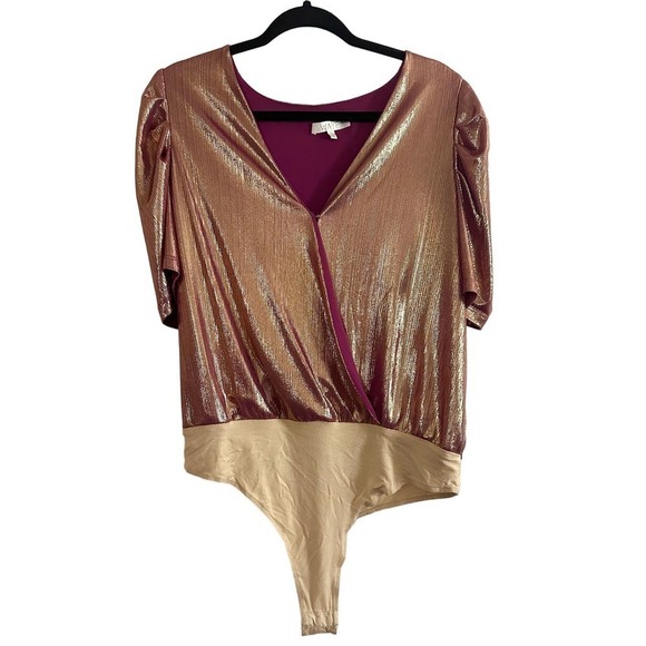 WAYF Metallic Pink Gold Puff Sleeve V-Neck Wrap Front Bodysuit - Sz XL - Picture 3 of 8